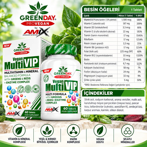 AMIX Vegan Multi VIP Multivitamin Vitamin Complex With Greens & Reds Enzyme complex/ 60 Tabs