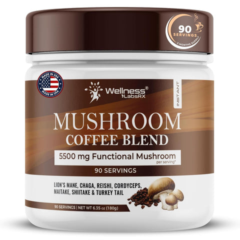 Wellness Labs Mushroom Coffee Lions Mane, Chaga, Reishi, Cordyceps, Maitake, Shiitake, and Turkey Tail 90 Servings