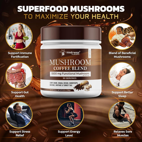 Wellness Labs Mushroom Coffee Lions Mane, Chaga, Reishi, Cordyceps, Maitake, Shiitake, and Turkey Tail 90 Servings