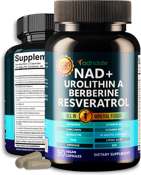 Adndale NAD Urolithin-A Berberine Longevity Formula with Liposomal NAD+ Trans Resveratrol CoQ10 NMN Nac Pqq Apigenin 90 Vegan Caps