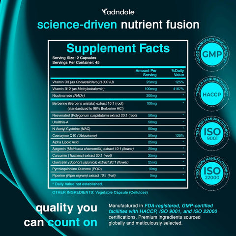 Adndale NAD Urolithin-A Berberine Longevity Formula with Liposomal NAD+ Trans Resveratrol CoQ10 NMN Nac Pqq Apigenin 90 Vegan Caps