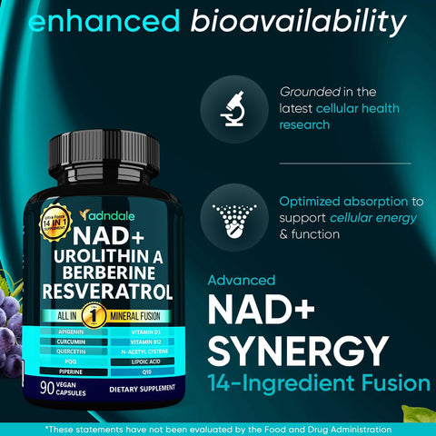 Adndale NAD Urolithin-A Berberine Longevity Formula with Liposomal NAD+ Trans Resveratrol CoQ10 NMN Nac Pqq Apigenin 90 Vegan Caps