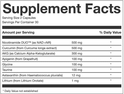 AEON Longevity Complex White with Curcumin NAD-NMN Nicotinamide Mononucleotide AKG Glycine Taurine Healthy Aging Energy Immune System Vegan 60 Caps