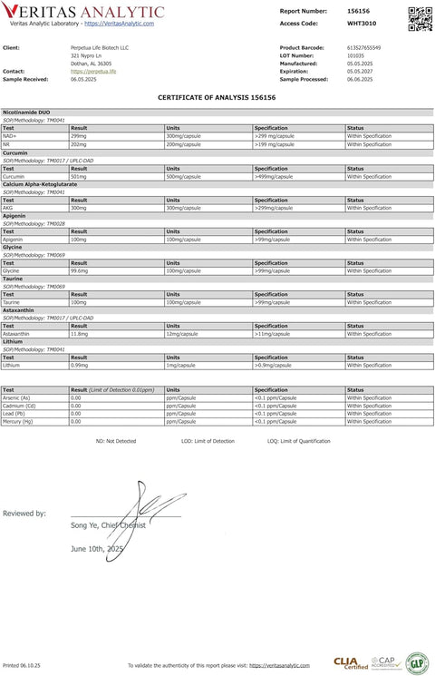 AEON Longevity Complex White with Curcumin NAD-NMN Nicotinamide Mononucleotide AKG Glycine Taurine Healthy Aging Energy Immune System Vegan 60 Caps