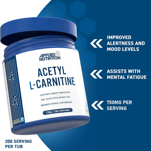 Applied Nutrition Acetyl L-Carnitine Carnitine Metabolism Brain High Strength Energy Boost & Weight Management 200 servis