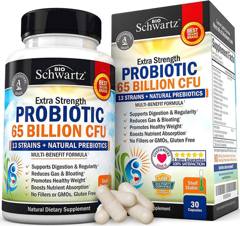 BioSchwartz Probiotic 65 Billion Probiotics with Prebiotic for Women & Men - Lactobacillus Acidophilus Digestive Health 30 Caps