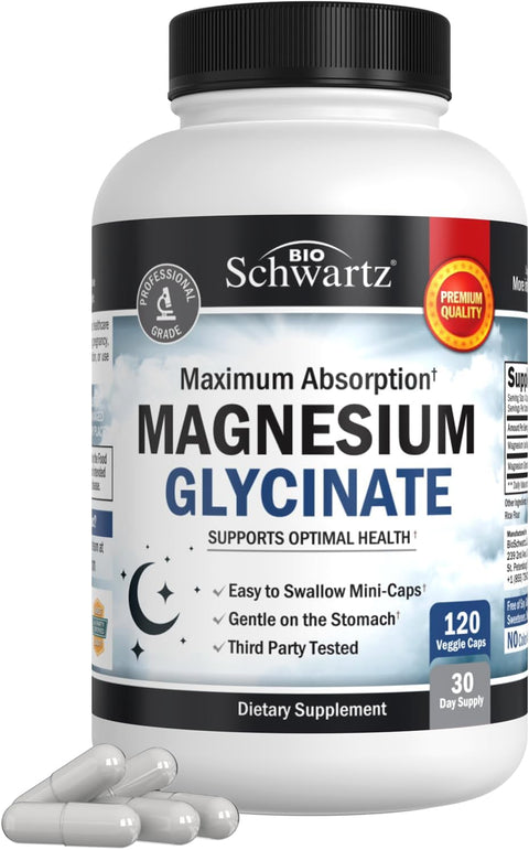 BioSchwartz Magnesium Glycinate 500mg Nerves Muscles Heart Mood and Sleep Support 120