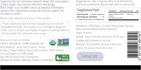 INCAS USDA Organic Thai Black Ginger Kaempferia Thai Ginseng for Men Libido booster 120 Vegan Caps