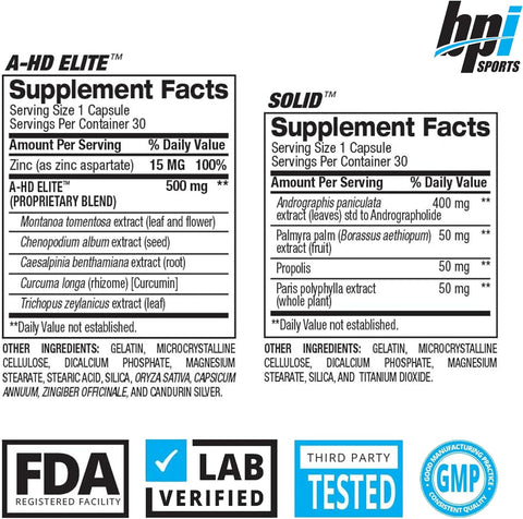 BPI Sports A-HD Elite/Solid Testo Booster for Men Strength Libido & Performance Support 30 Servis
