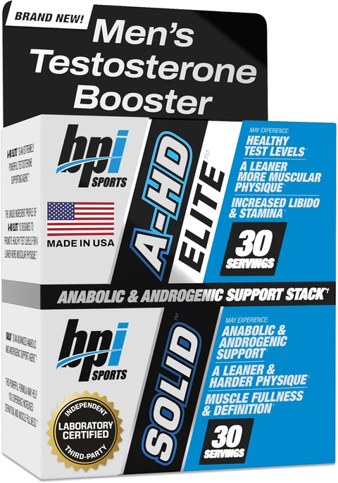 BPI Sports A-HD Elite/Solid Testo Booster for Men Strength Libido & Performance Support 30 Servis