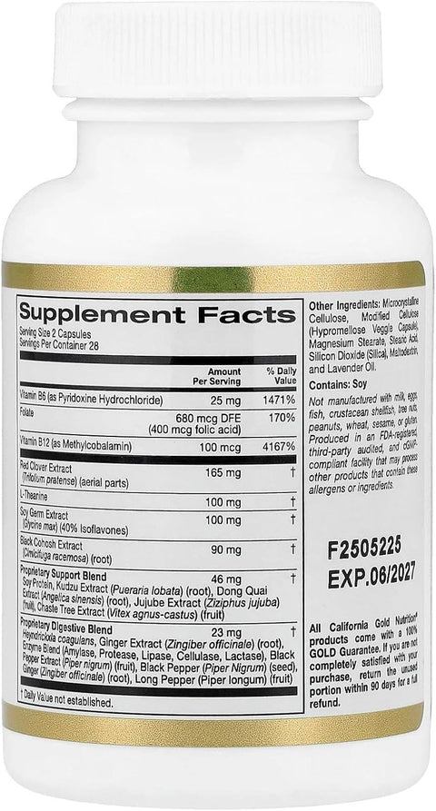 California Gold Nutrition Menopause Comfort with Folate Red Clover Extract, Vitamin B12 Theanine 56 Veggie Caps
