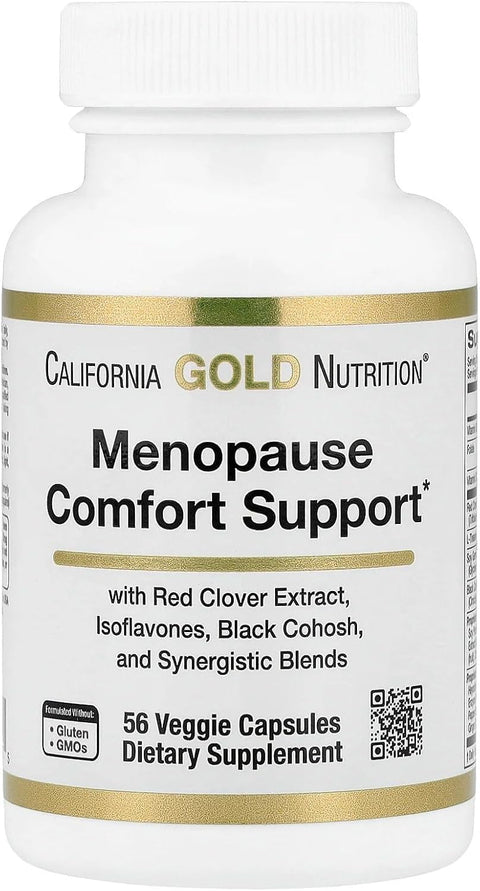 California Gold Nutrition Menopause Comfort with Folate Red Clover Extract, Vitamin B12 Theanine 56 Veggie Caps