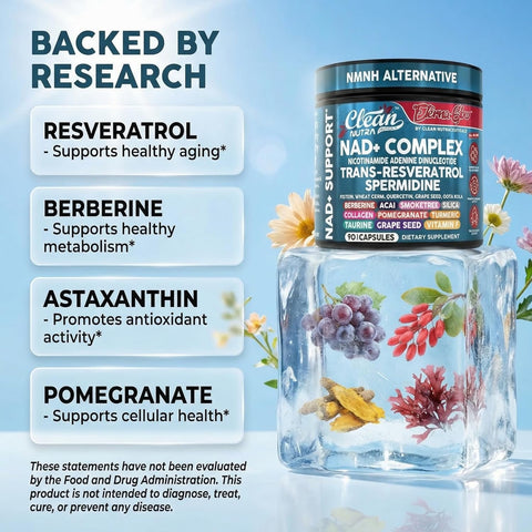 Clean Nutraceuticals NAD Spermidine Fisetin Quercetin Grape Seed Gotu Kola Berberine Astaxanthin Taurine Pomegranate Acai Anti Aging Longevity 90 caps