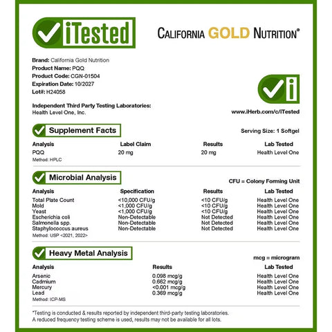 California Gold Nutrition PQQ Pyrroloquinoline Quinone Brain Cognitive Antioxidants 20 mg 90 Veggie Softgels