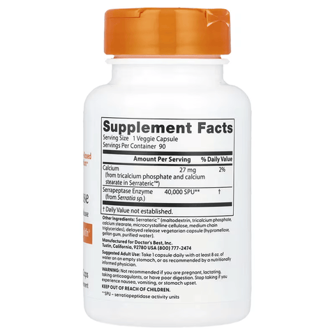 Doctor's Best Serrapeptase 40,000 SPU Gut Health Sinus Health 90 Veggie Caps