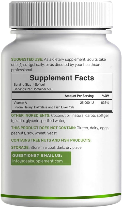 DEAL SUPPLEMENT Vitamin A 25000 IU 500 Coconut Oil Fish Liver Oil Vitamins for Eye Immune & Skin Health