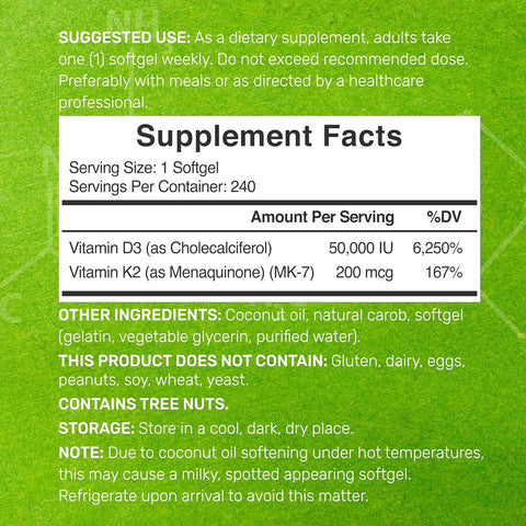 DEAL SUPPLEMENT Vitamin D3 50,000 IU + K2 MK7 Coconut Oil Bone Teeth & Immune Health 240 Softgels