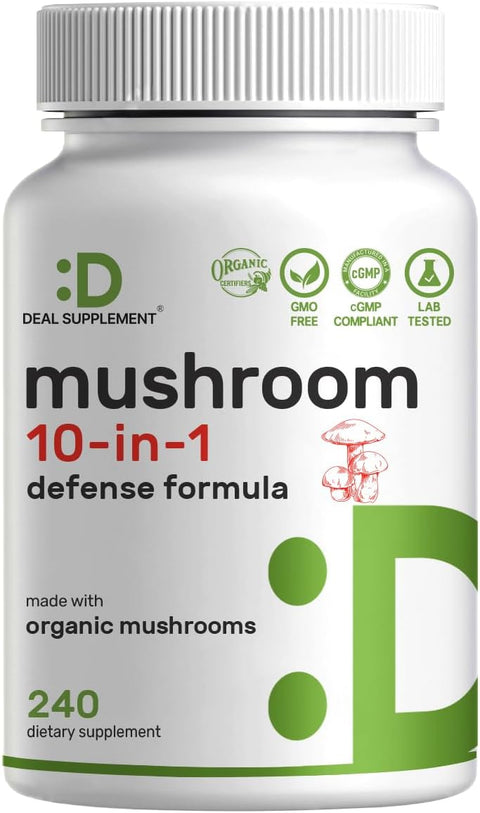 Deal Supplement Organic 10-in-1 Lions Mane Turkey Tail Reishi Cordyceps Mushroom Complex Immune, Energy & Nootropic Brain Support