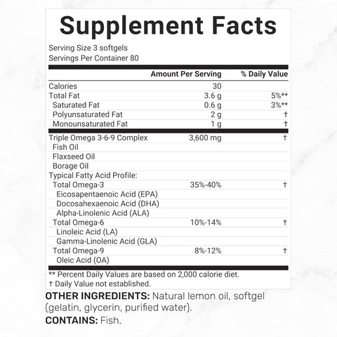 Deal Supplement Triple Omega 3-6-9 Fish Oil with Flaxseed Oil Borage Oils High EPA + DHA 3,600mg – 240 Softgels