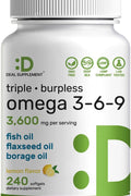 Deal Supplement Triple Omega 3-6-9 Fish Oil with Flaxseed Oil Borage Oils High EPA + DHA 3,600mg – 240 Softgels