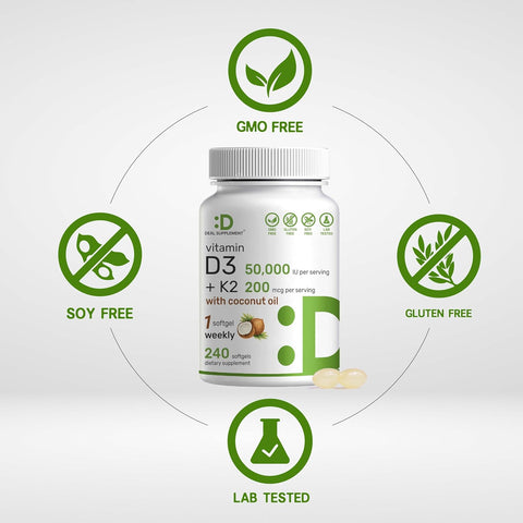 DEAL SUPPLEMENT Vitamin D3 50,000 IU + K2 MK7 Coconut Oil Bone Teeth & Immune Health 240 Softgels