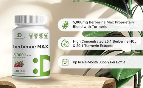 Deal Supplement Berberine Max Supplement with Turmeric, 5,000mg Per Serving, 240 Veggie Capsules