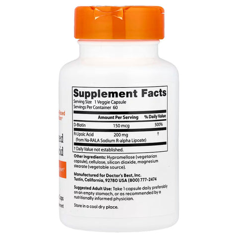 Doctor's Best Stabilized R-Lipoic Acid Antioxidant & Energy Metabolism Support 200 mg 60 Veggie Caps