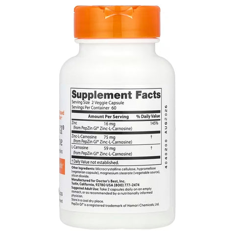 Doctor's Best PepZin GI® Zinc-L-Carnosine Digestive Complex 120 Veggie Caps