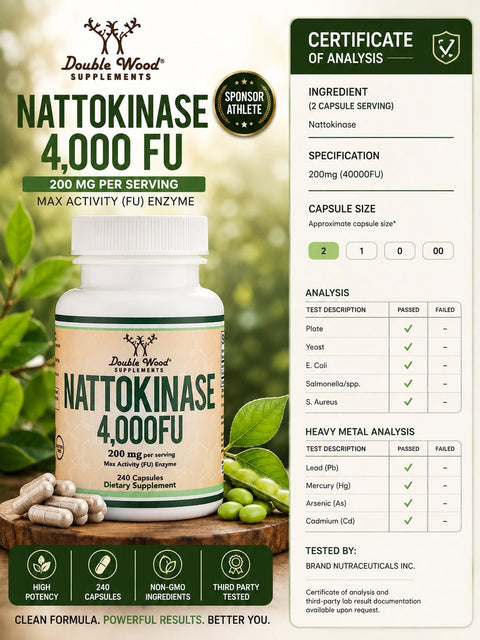 Double Wood Supplements Nattokinase 4,000 FU, Supports Healthy Circulation, 240 Capsules - Supplementhane