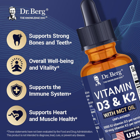Dr. Berg Maximum Strength Vitamin D3 K2 Liquid Drops with MCT Oil – 5,000 IU 30 ML