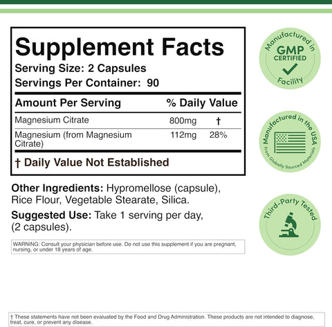 Double Wood Magnesium Citrate Digestion & Constipation Support Vegan 800mg 180 Caps