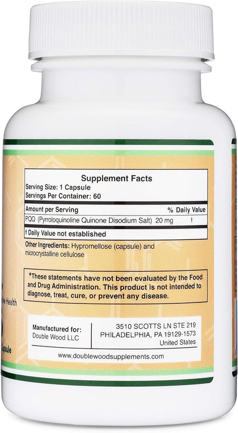 Double Wood PQQ Pyrroloquinoline Quinone ATP Coenzyme Energy Brain Optimizer and Sleep Support 20mg 60 Caps