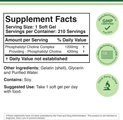 Double Wood Phosphatidylcholine Sunflower and Soy Lecithin Brain Health 1,200mg – 210 Softgels