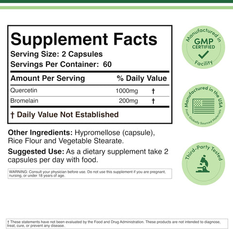 Double Wood Quercetin with Bromelain 1,200mg Immune Health Men and Women 120 Caps
