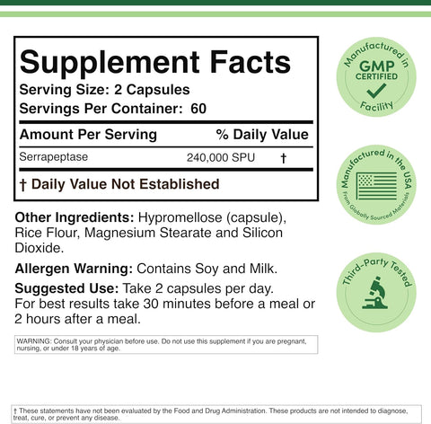 Double Wood Serrapeptase 240,000 Proteolytic Hearth Enzyme Joint Health 120 Caps