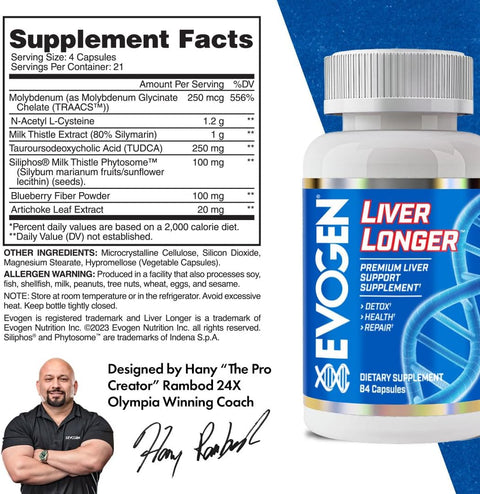 Evogen Liver Longer Molybdenum & Nac & Milk Thistle & Tudca Detox Health & Repair 84 Caps