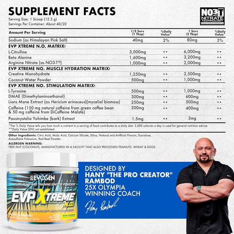 Evogen EVP Xtreme NO - Sugar Free PreWorkout with Beta Alanine Creatine and Caffeine for Energy Pump Tropic Thunder