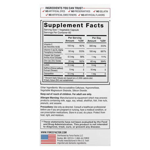 Force Factor Eye Health Lutein Zeaxanthin Saffron Copper 60 Vegetable Caps