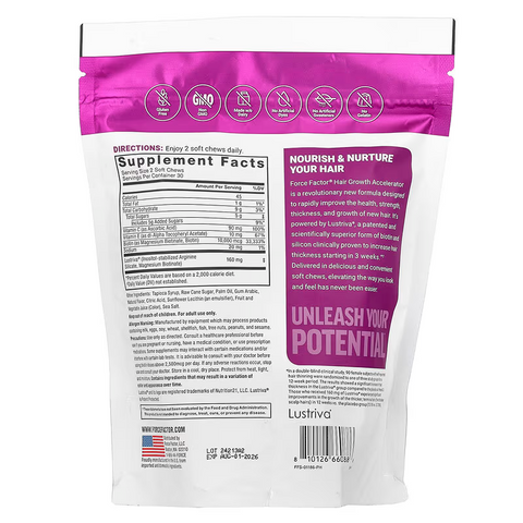 Force Factor Hair Growth Accelerator Hair Skin & Nails Vitamin Biotin Mixed Berry 60 Soft Chews