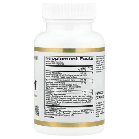 California Gold Nutrition Think Support Ginkgo Biloba Gotu Kola Bacopa Super Enzymes Focus & Memory 60 Veggie Capsules