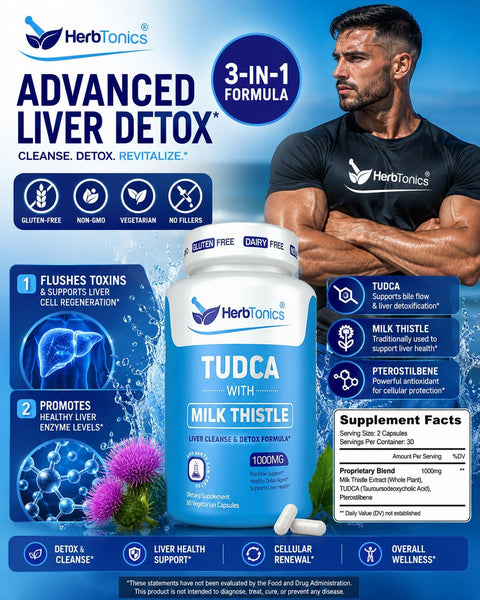 Herbtonics TUDCA Gallbladder Milk Thistle & Pterostilbene Bile Salt for Liver Cleanse Detox Healthy Bile Flow, and Digestive Health 60 Caps - Supplementhane