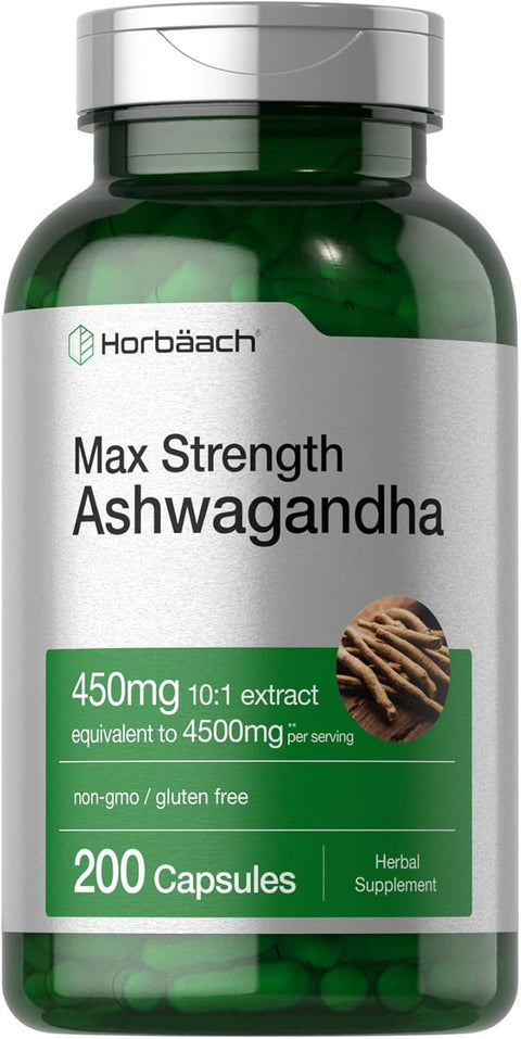 Horbäach Ashwagandha Max Strength 4500 mg 10:1 for Women and Men Non-GMO Gluten Free 200 Caps
