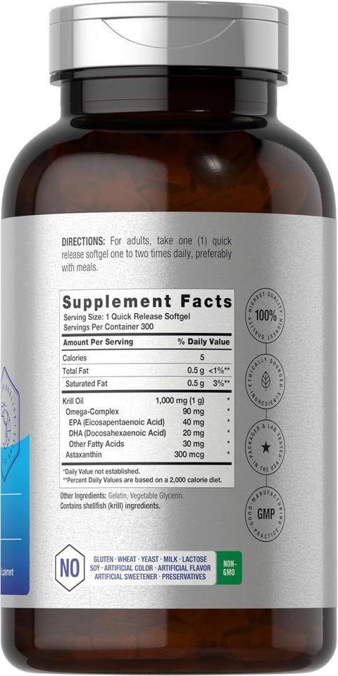 Horbäach Antarctic Krill Oil Omega 3 Astaxanthin EPA DHA 1000mg 300 Softgels
