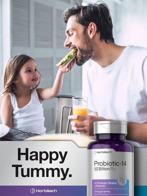 Horbaach Probiotics for Women and Men Lactobacillus 50 Billion 14 Prebiotic 60 Caps