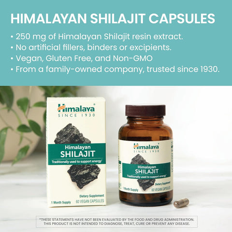 Himalaya Shilajit - Herbal Energy %60 Fulvic Acid and 85+ Trace Minerals from Shilajit Resin 250 mg 60 Caps