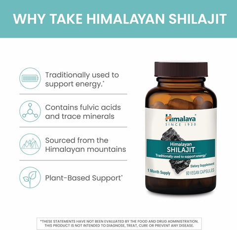 Himalaya Shilajit - Herbal Energy %60 Fulvic Acid and 85+ Trace Minerals from Shilajit Resin 250 mg 60 Caps