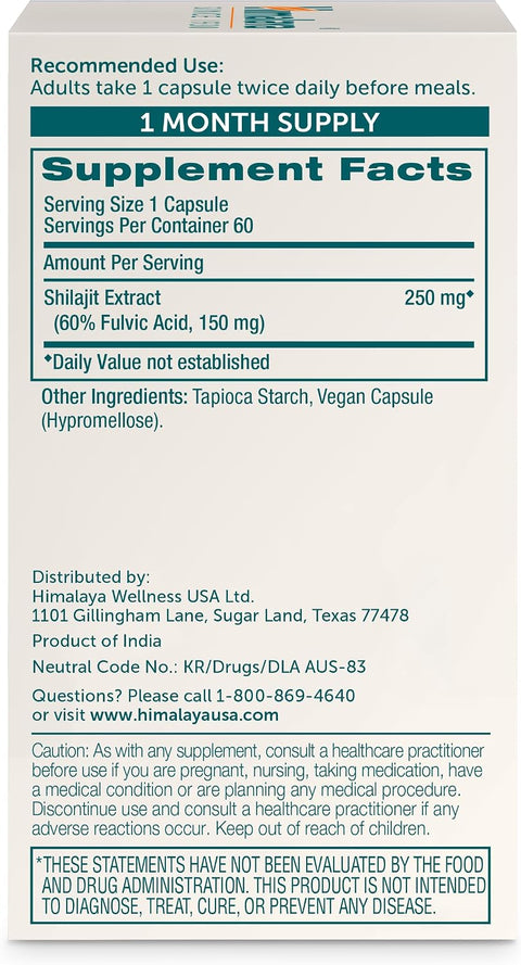 Himalaya Shilajit - Herbal Energy %60 Fulvic Acid and 85+ Trace Minerals from Shilajit Resin 250 mg 60 Caps