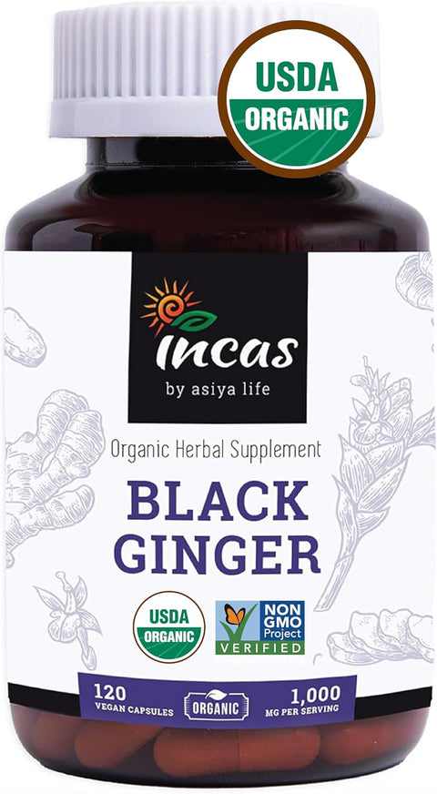 INCAS USDA Organic Thai Black Ginger Kaempferia Thai Ginseng for Men Libido booster 120 Vegan Caps - Supplementhane