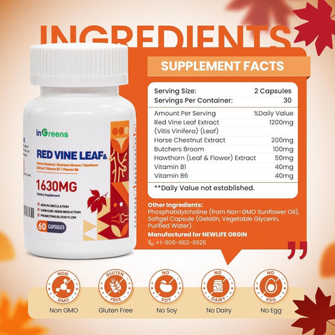 inGreens Red Vine Leaf Extract 1630mg with Horse Chestnut Butcher’s Broom Hawthorn Varicose Veins Leg Circulation Heart Skin 60 Caps