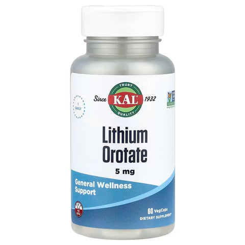 KAL Lithium Orotate 5mg Brain & Cognitive Mineral Mood Support in Organic Rice Bran Extract Base 60 VegCaps